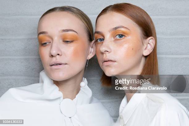 Models are seen backstage ahead of the Alberto Zambelli show during Milan Fashion Week Spring/Summer 2019 on September 19, 2018 in Milan, Italy.