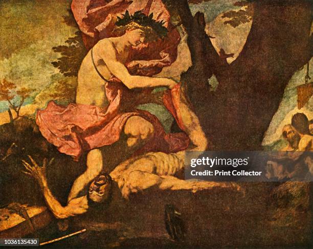 Apollo and Marsyas' . The satyr Marsyas being flayed alive by Apollo. Painting held by the Royal Museums of Fine Arts of Belgium, Brussels....