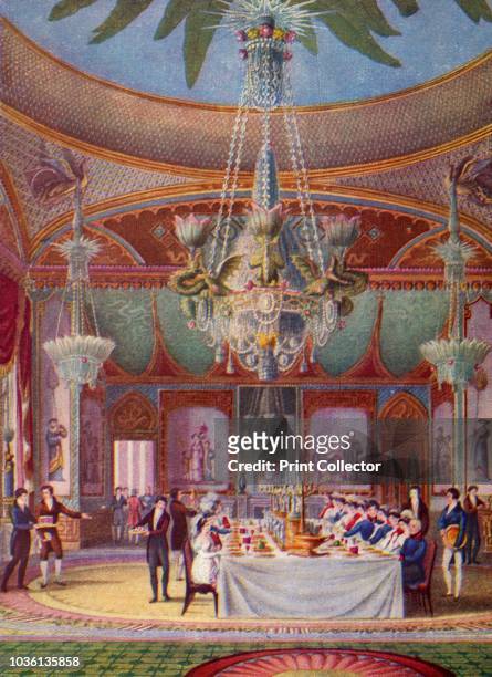 Banquet at the Royal Pavilion, Brighton', circa 1827, . Guests at the banqueting table under the dragon chandelier. Illustration from A History of...