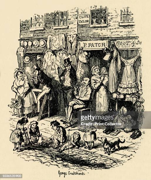 Monmouth Street, Soho, an illustration by G. Cruikshank for Dickens' Sketches by Boz. ', . Scene in Victorian London, with children playing in the...