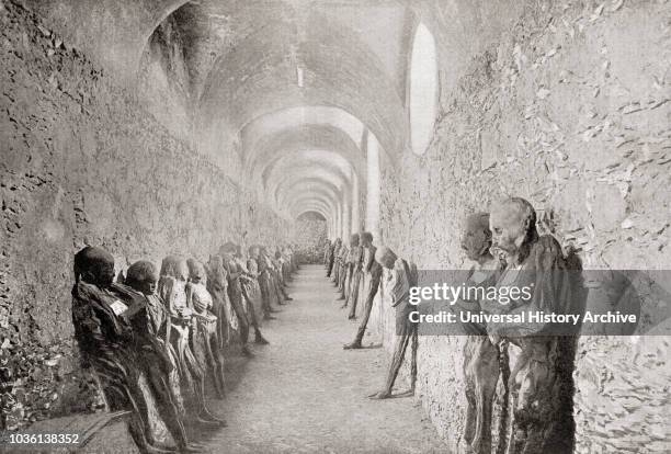 The Mummies of Guanajuato, Mexico seen here c. 1911. The dry rarefied air of Guanajuato provides an environment which can lead to a type of natural...