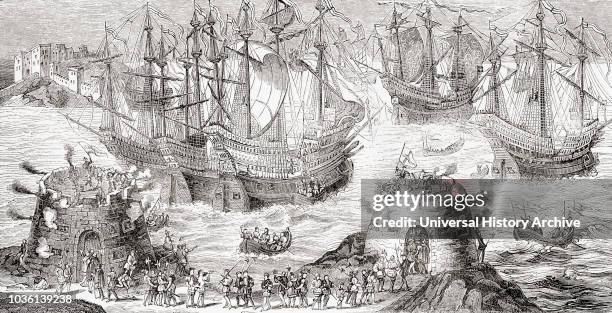 The embarkation of Henry VIII at Dover, May 31, 1520. Henry VIII and his fleet setting sail from Dover to Calais on the way to meet Francis I at The...