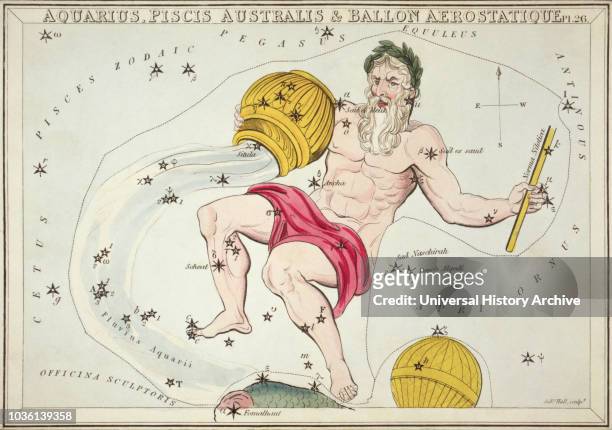 Aquarius, Piscis Australis & Ballon Aerostatique. Card Number 26 from Urania's Mirror, or A View of the Heavens, one of a set of 32 astronomical star...