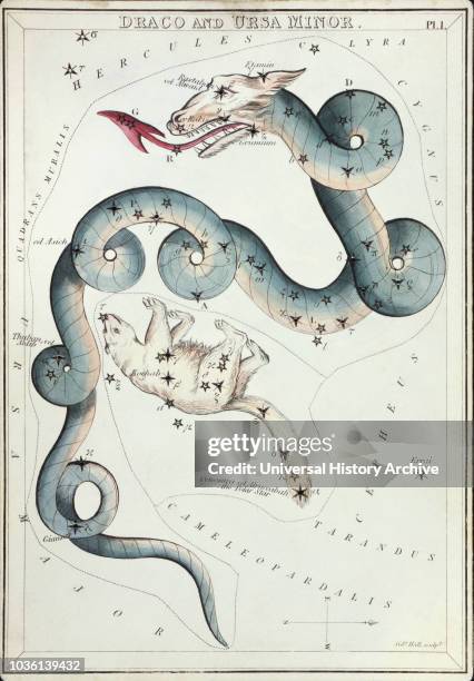 Draco and Ursa Minor. Card Number 1 from Urania's Mirror, or A View of the Heavens, one of a set of 32 astronomical star chart cards engraved by...