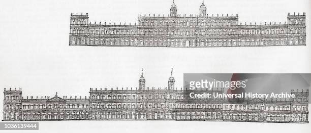 Inigo Jones' 1638 plan for a new palace at Whitehall, Westminster, England. Top, the front towards the park, bottom, the front towards Charing Cross....