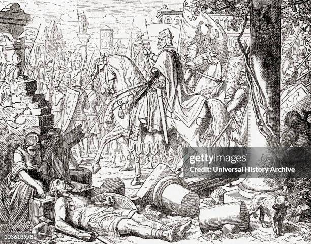 Frederick Barbarossa entering Milan in 1158. Frederick I, 1122 - 1190, aka Frederick Barbarossa. Holy Roman Emperor, king of Germany, king of Italy...