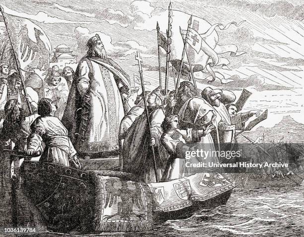 Frederick Barbarossa crossing the Bosphorous during the Third Crusade. Frederick I, 1122 - 1190, aka Frederick Barbarossa. Holy Roman Emperor, king...