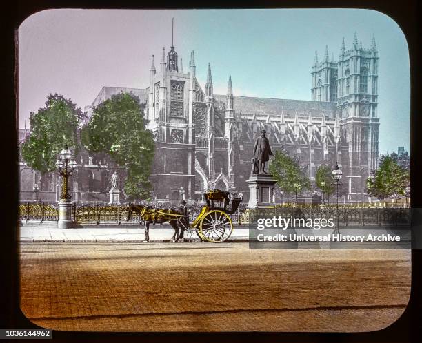 Magic Lantern slide circa 1900 hand coloured views of London, England in Victorian times. Slide 27 Westminster Abbey London with a horse and carriage...