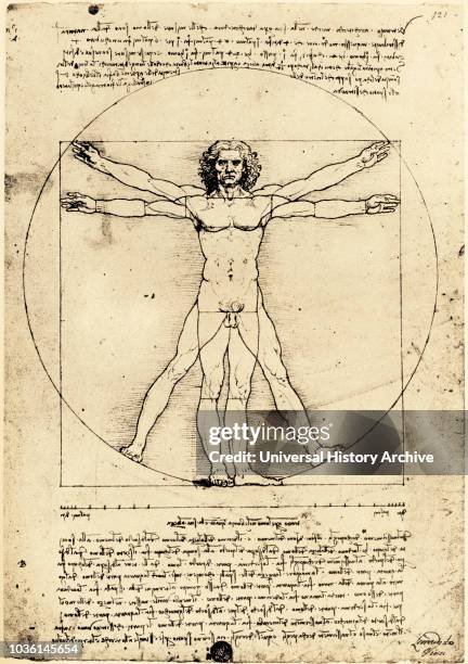 Vetruvian Man, by Leonardo da Vinci created c. 1480-1490. The drawing, demonstrating proportions of the human body, was inspired by the book De...