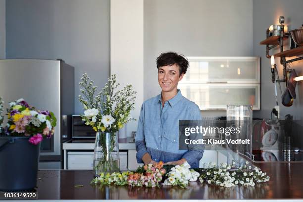 portrait of cool florist working from home - powder blue shirt stock pictures, royalty-free photos & images