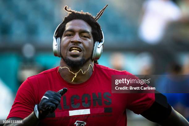 Kemal Ishmael of the Atlanta Falcons warms up before the game against the Philadelphia Eagles at Lincoln Financial Field on September 6, 2018 in...