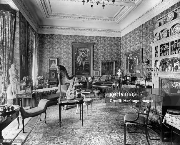 Arts and Crafts interior, Holmestead, North Mossley Hill Road, Liverpool, Merseyside, 1901. Interior of the music room, with a harp and grand piano...