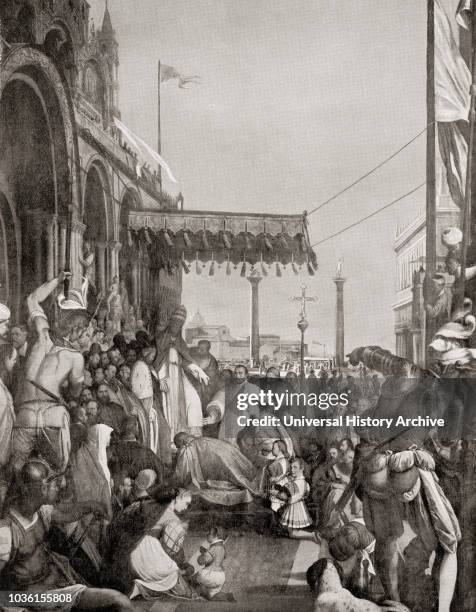 Frederick Barbarossa, after his defeat at the Legnano in 1176 finally recognizes Alexander III as pope. He is seen here kneeling before Alexander in...
