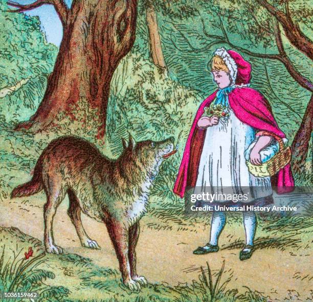 Coloured illustration in a child's storybook, Little Red Riding Hood, of the girl and big bad wolf, where the big bad wolf meets Little Red Riding...