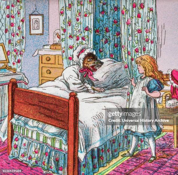 Coloured illustration in a child's storybook, Little Red Riding Hood, with the big bad wolf in Grandmother's bed