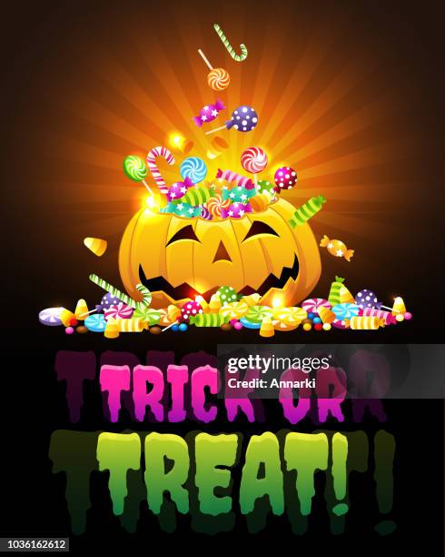 pumpking trick-or-treat greeting - halloween candy stock illustrations