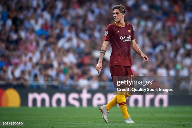 Nicolo Zaniolo of AS Roma looks on during the Group G match of the UEFA Champions League between Real Madrid and AS Roma at Bernabeu on September 19,...