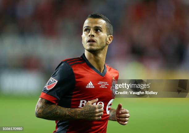 Sebastian Giovinco of Toronto FC looks on during the first half of the 2018 Campeones Cup Final against Tigres UANL at BMO Field on September 19,...