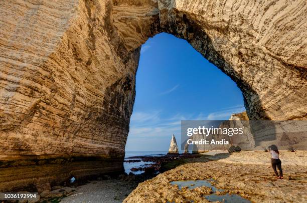 Cliffs along the 'Cote d'Albatre' , in the area called 'pays de Caux', a natural region in northern France. Manneporte Needle and Porte d'Aval in the...