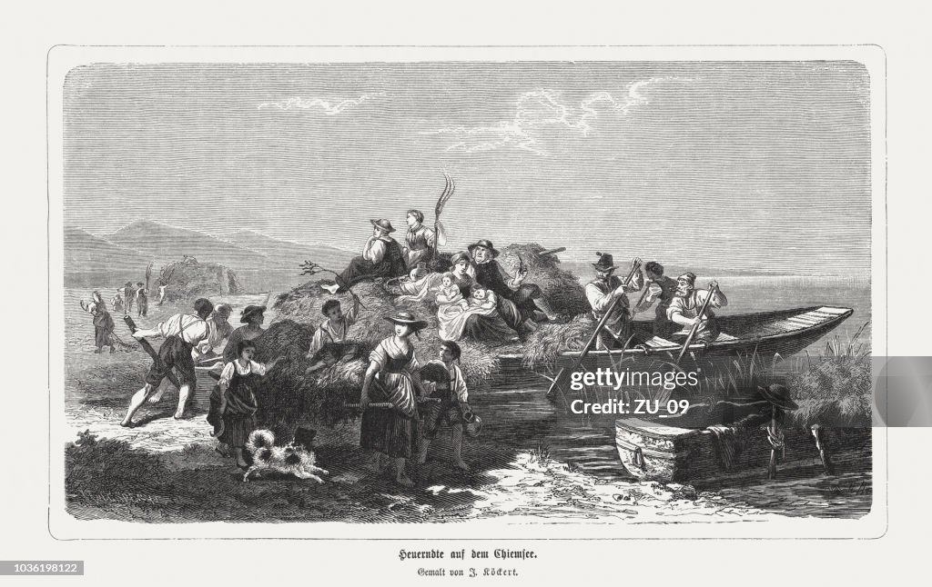 Hay harvest on the Chiemsee in the past, Bavaria, Germany