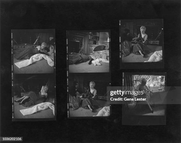 Contact sheet depicting American actress Marilyn Monroe during a photo shoot, 1955.