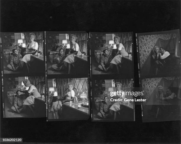 Contact sheet depicting American actress Marilyn Monroe with photographer Milton Greene during a photo shoot, 1955.