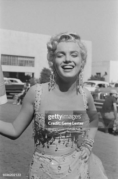 American actress Marilyn Monroe on the set of 'There's No Business Like Show Business', directed by Walter Lang, at the 20th Century Fox studios in...