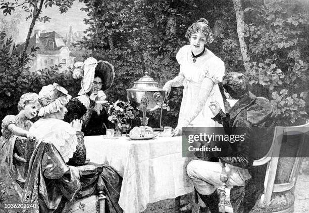 family outdoor in the garden drinking coffee or tea - decades stock illustrations