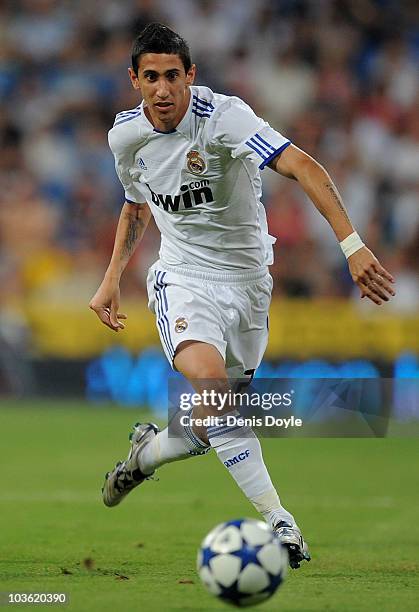 Angel Di Maria of Real Madrid in action during the Santiago Bernabeu Trophy match between Real Madrid and Penarol at the Santiago Bernabeu stadium on...