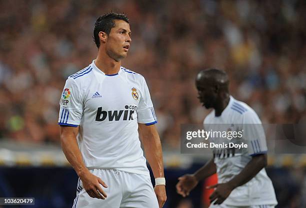 Cristiano Ronaldo of Real Madrid reacts during the Santiago Bernabeu Trophy match between Real Madrid and Penarol at the Santiago Bernabeu stadium on...