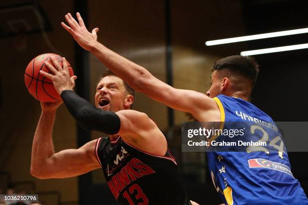 David Andersen of the Illawara Hawks in action during the NBL Blitz pre-season match between Brisbane Bullets and Illawara Hawks at Bendigo Stadium...