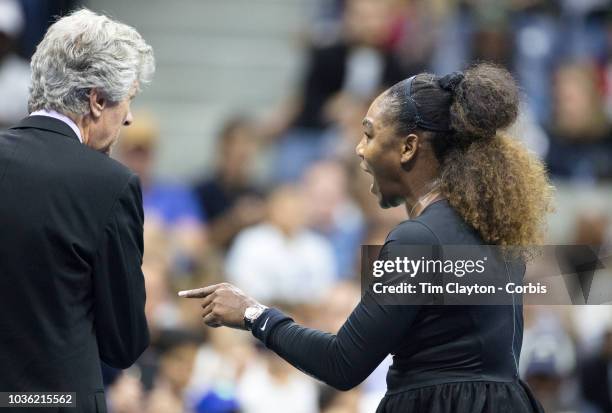 Open Tennis Tournament- Day Thirteen. Serena Williams of the United States argues with tournament referee Brian Earley during her match against Naomi...