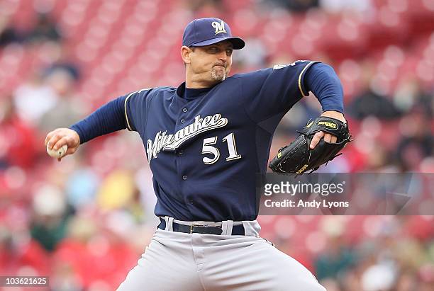Trevor Hoffman of the Milwaukee Brewers throws a pitch in the 9th inning during the game against the Cincinnati Reds at Great American Ball Park on...