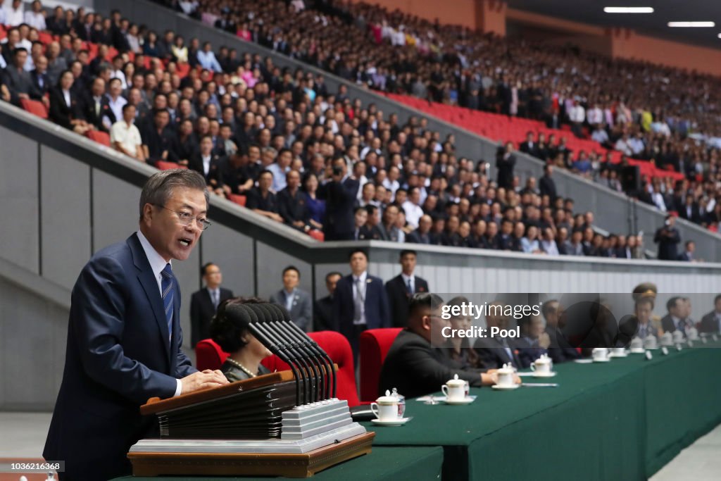 Pyongyang Leader South Korean President Moon Jae-in speaks after watch the gymnastic ...
