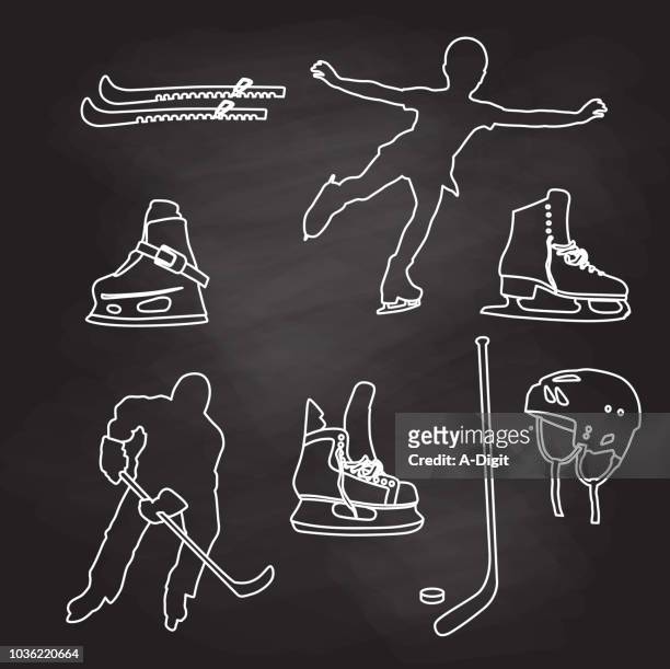 ice skating sketched elements - hockey puck white background stock illustrations