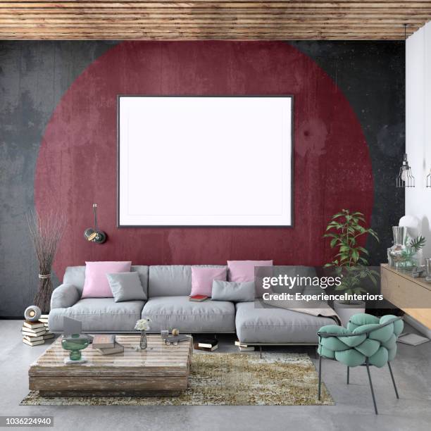 modern nordic style apartment with picture frame template - glass square stock pictures, royalty-free photos & images