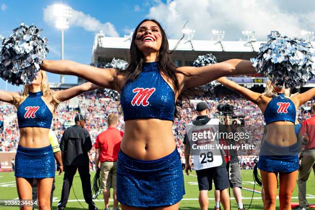 Pom Squad of the Mississippi Rebels performs before a game against the Southern Illinois Salukis at Vaught-Hemingway Stadium on September 8, 2018 in...