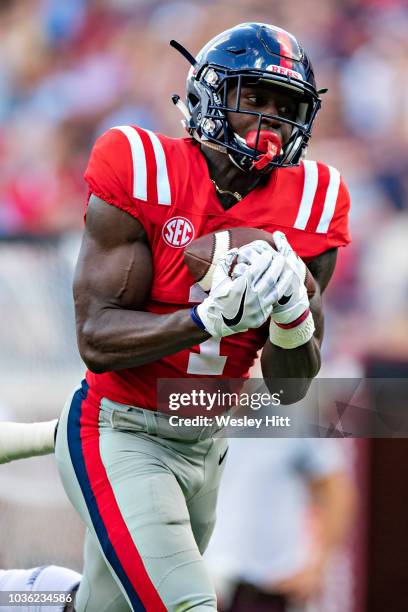 Brown of the Mississippi Rebels catches a pass during a game against the Southern Illinois Salukis at Vaught-Hemingway Stadium on September 8, 2018...