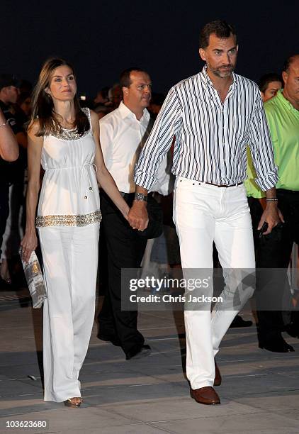 Crown Princess Letizia of Spain and Crown Prince Felipe attend a pre-wedding reception at the Poseidon Hotel on August 24, 2010 in Spetses,...