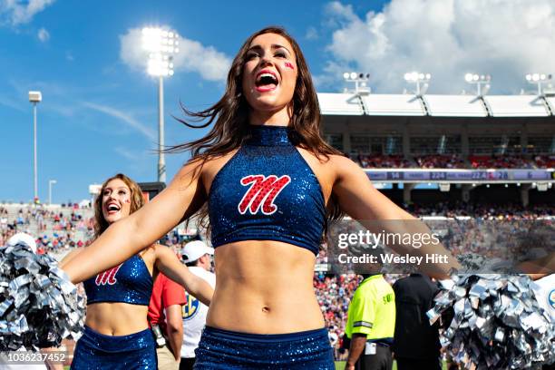 Pom Squad of the Mississippi Rebels performs before a game against the Southern Illinois Salukis at Vaught-Hemingway Stadium on September 8, 2018 in...