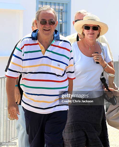 Queen Anne Marie Of Greece and King Constantine of Greece visit the Cathedral of Ayios Nikolaos before the ceremony on August 25, 2010 in Spetses,...