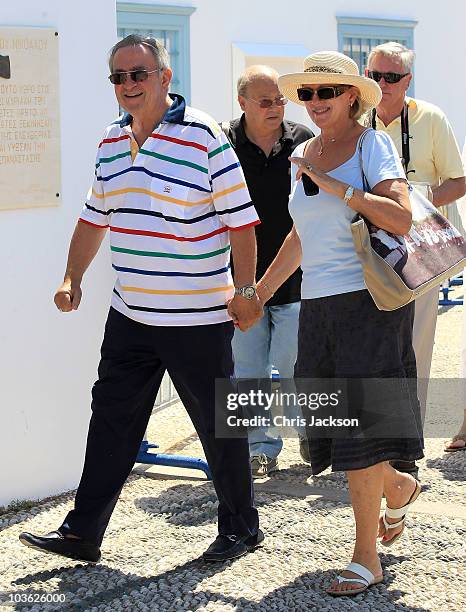 Queen Anne Marie Of Greece and King Constantine of Greece vist the Cathedral of Ayios Nikolaos ahead of the wedding on August 25, 2010 in Spetses,...