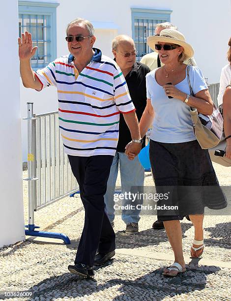 Queen Anne Marie Of Greece and King Constantine of Greece visit the Cathedral of Ayios Nikolaos ahead of the wedding on August 25, 2010 in Spetses,...