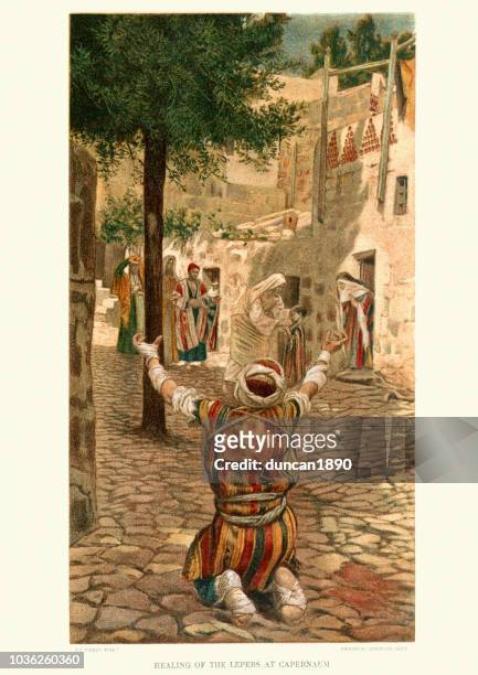 jesus christ healing the lepers at capernaum - leprosy stock illustrations