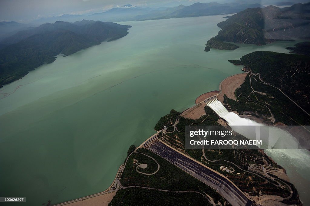 This aerial view shows water leaving the