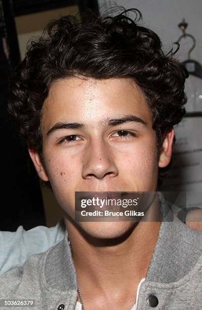 Nick Jonas poses backstage at The Addams Family" On Broadway at the Lunt-Fontanne Theatre on August 24, 2010 in New York City.