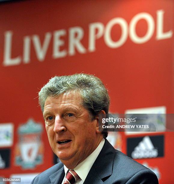 Liverpool Football Club's new manager, Roy Hodgson, attends a press conference at the team's Anfield stadium in Liverpool, northwest England on July...