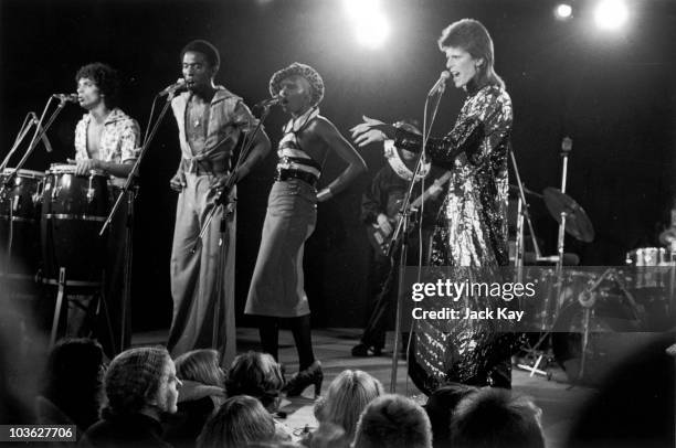 English singer David Bowie performing at a live recording of 'The 1980 Floor Show' for the NBC 'Midnight Special' TV show, at The Marquee Club in...