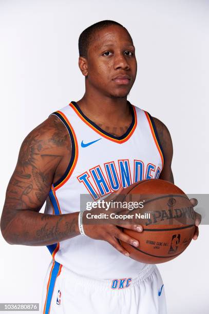 Isaiah Canaan of the Oklahoma City Thunder poses for a photo during media day at Chesapeake Energy Arena on September 25, 2017 in Oklahoma City,...