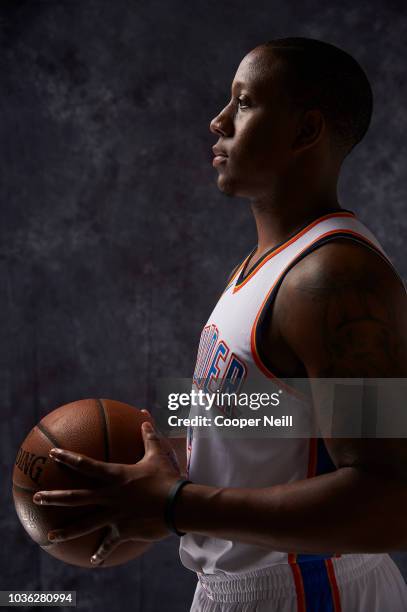 Isaiah Canaan of the Oklahoma City Thunder poses for a photo during media day at Chesapeake Energy Arena on September 25, 2017 in Oklahoma City,...